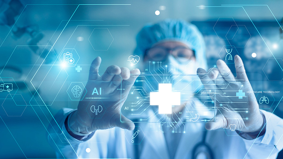 Blurred photo of a surgeon holding a digital circuit board with 'AI' and organ icons floating alongside