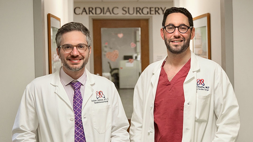Left to right: Pediatric heart surgeons Dr. Andrew Goldstone and Dr. David Kalfa. Dr. Goldstone performed Mia’s full heart transplant, while Dr. Kalfa performed a partial heart transplant on Brooklyn to give her new valves. (Image courtesy of NYP)