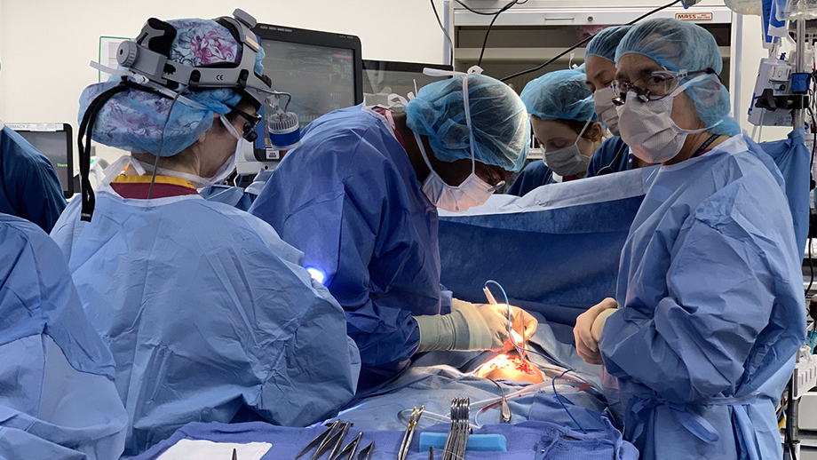Photograph of Dr. Stylianos and Dr. Imahiyerobo in hospital scrubs performing a surgical operation in the OR alongside other medical professionals.