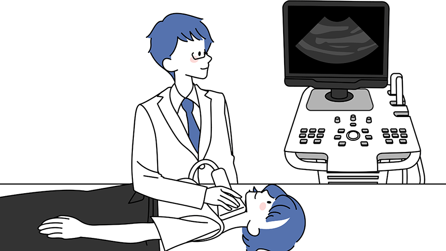 Illustration of a doctor standing next to a patient who is laying down on a table. The doctor is performing an ultrasound on the patient's neck while he looks at a monitor to see the results.