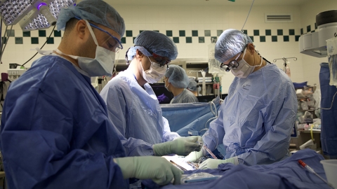 three doctors in surgical clothing gathered around an operating table preparing surgical tools and operating on a patient