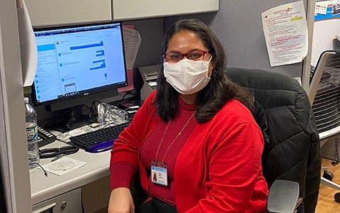 Meet Daviany, one our administrators. Daviany wears a mask and puts on new gloves with each patient interaction on the 8th Floor.